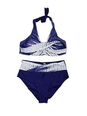 NWOT | Navy Blue Geometric Wrap Halter High Waisted Bikini Swimsuit Set | Medium